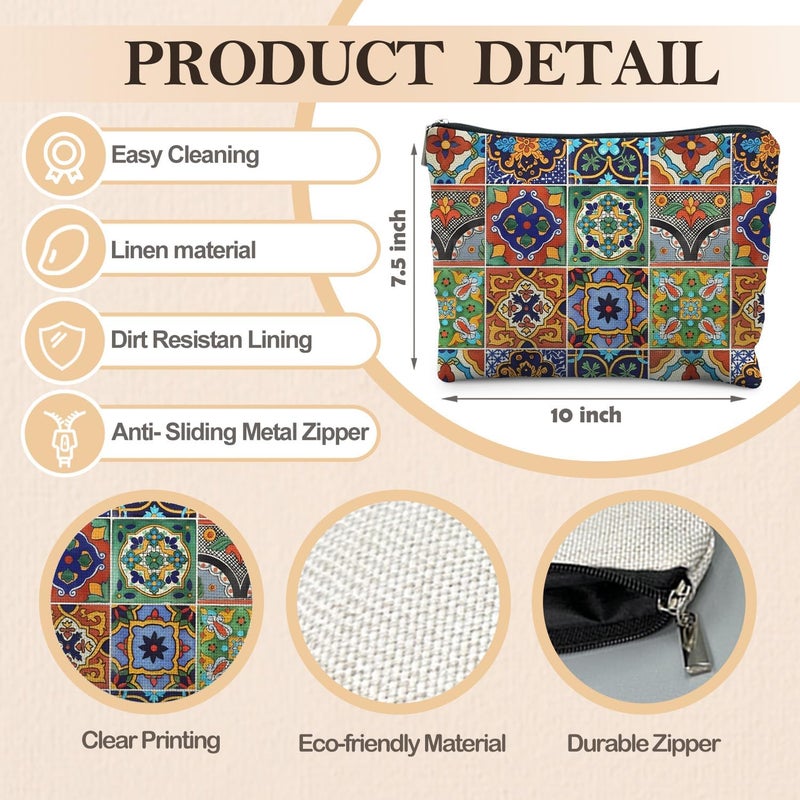 RYYCDOI Bohemian Tile Pattern Makeup Bag, Ethnic Moroccan and Mexican Talavera Tile Cosmetic Bag for Women, Vintage Floral Makeup Pouch, Mexican Gifts for Women - Image 2